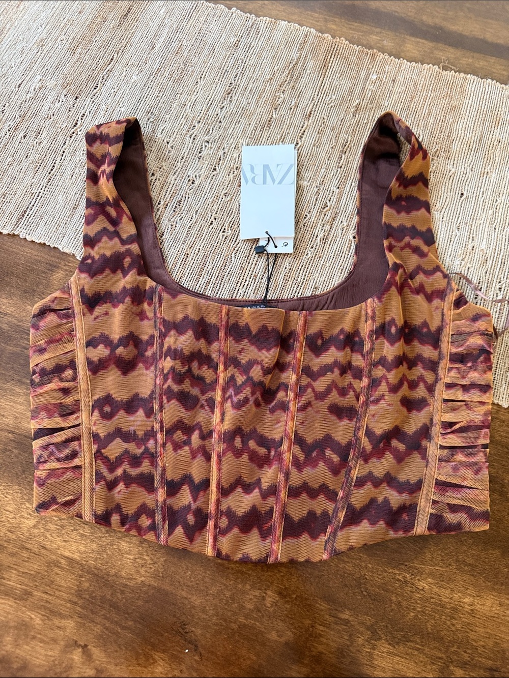 Women’s Zara Patterned Rust and Plum Square-Neck Crop Top